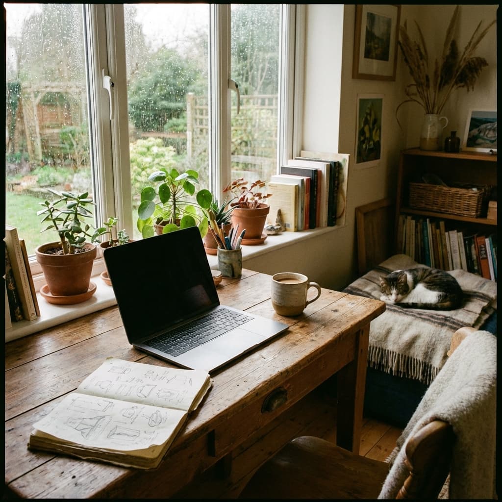 ノートPCとコーヒーのあるデスク