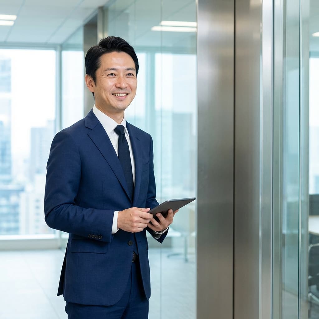 タブレットを持って笑顔で対話する代表